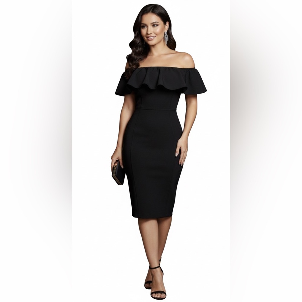 PrettyLittleThing Black Off-the-Shoulder Ruffle Mini Dress